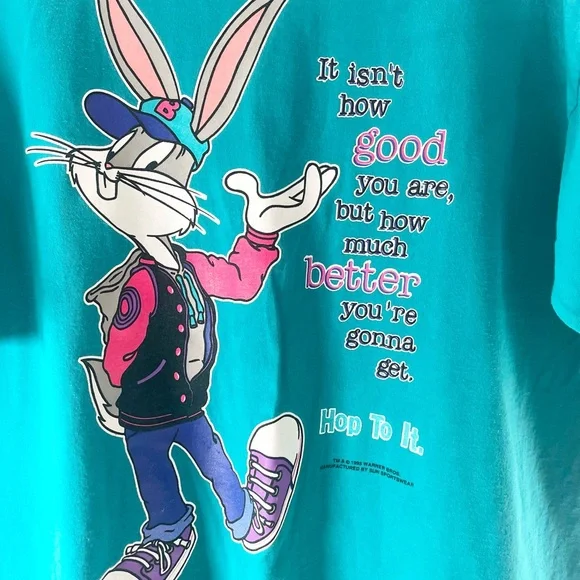 Vintage 90’s Bugs Bunny Positive Bright Turquoise oversized Tee M/L - Picture 3 of 6